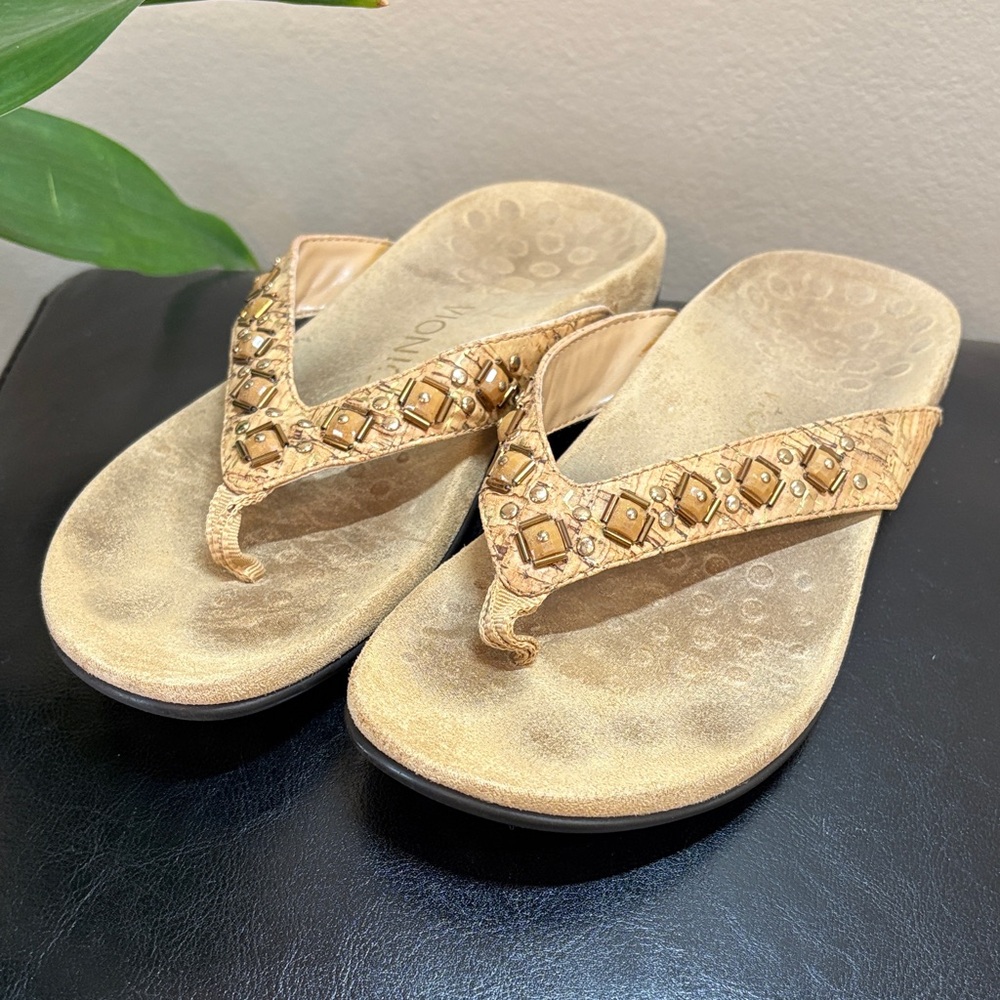 Vionic Cork, Beaded, and Metallic Gold Women's Sandals, 6
